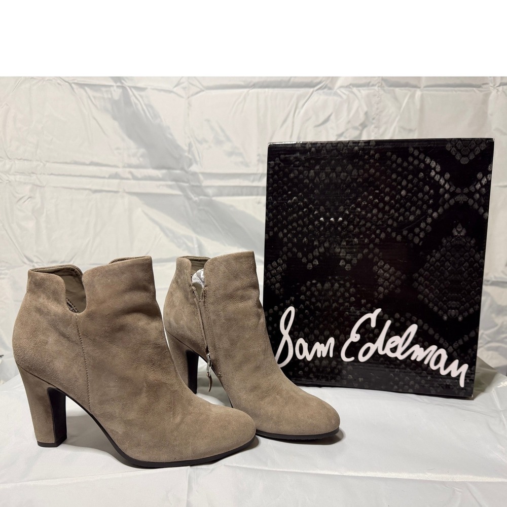 Sam Edelman Taupe Suede Ankle Boots Block Heel Side Zip Booties NIB